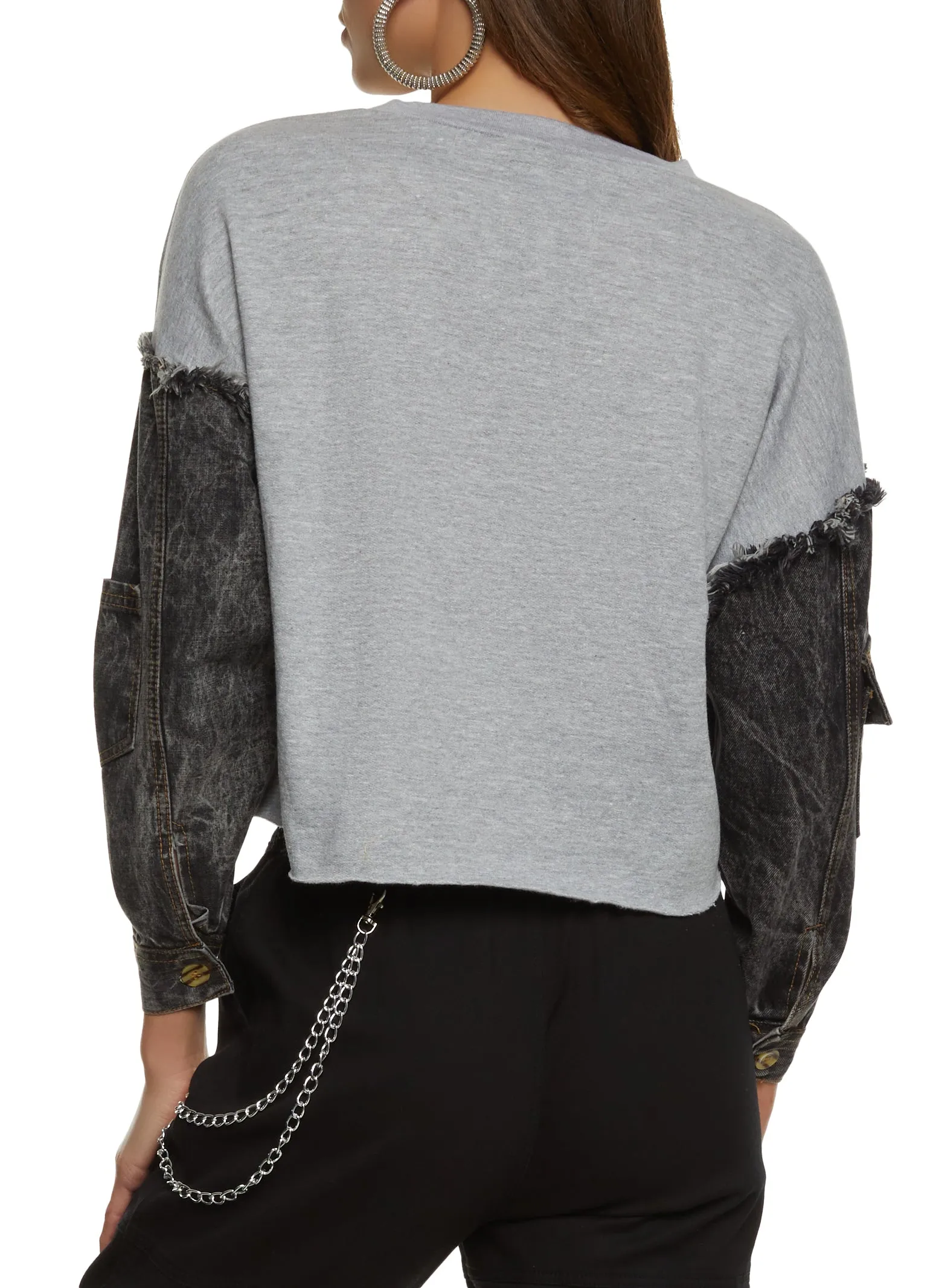 Acid Wash Pocket Denim Sleeve Sweatshirt