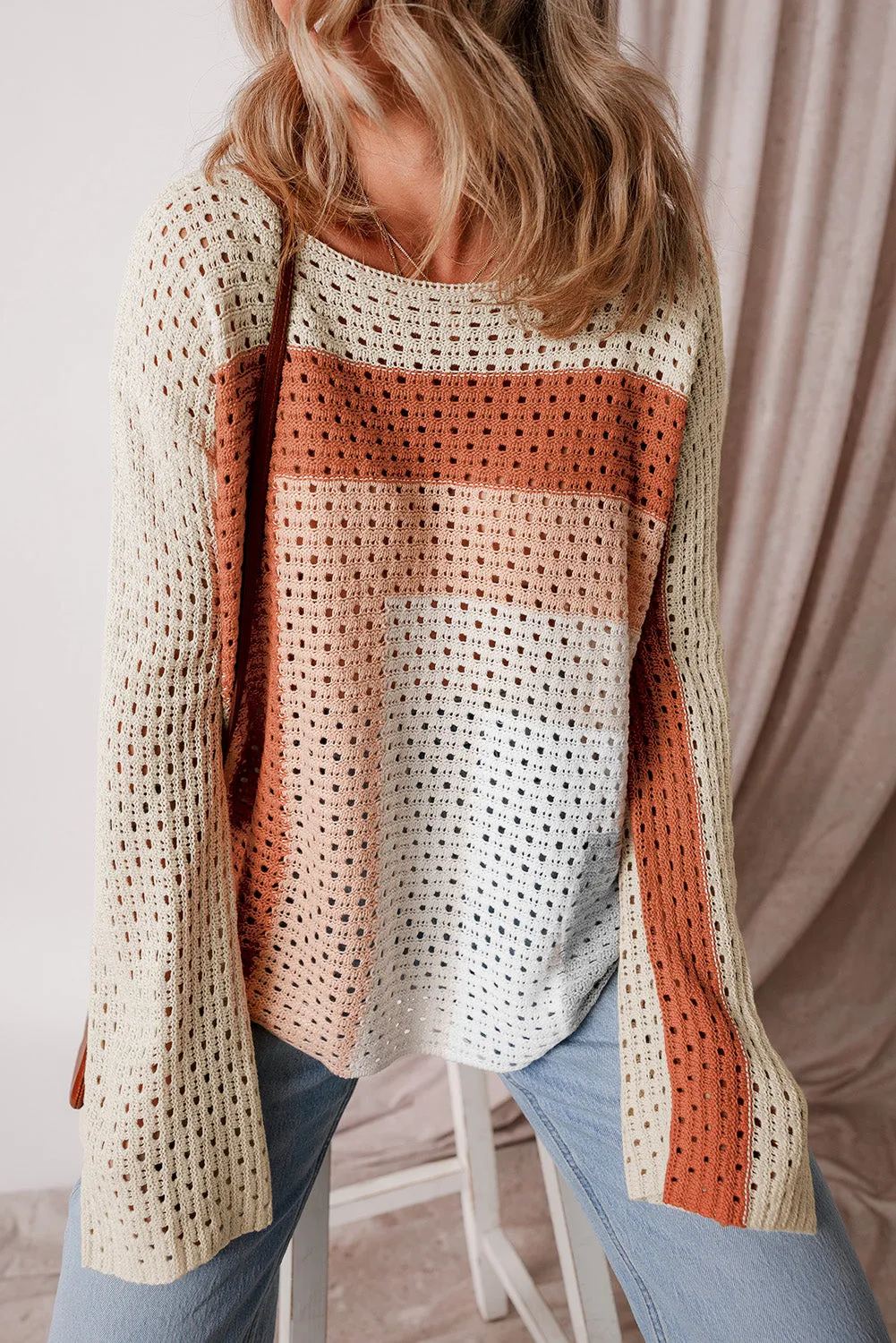 Apricot Pointelle Knit Colorblock Baggy Sweater