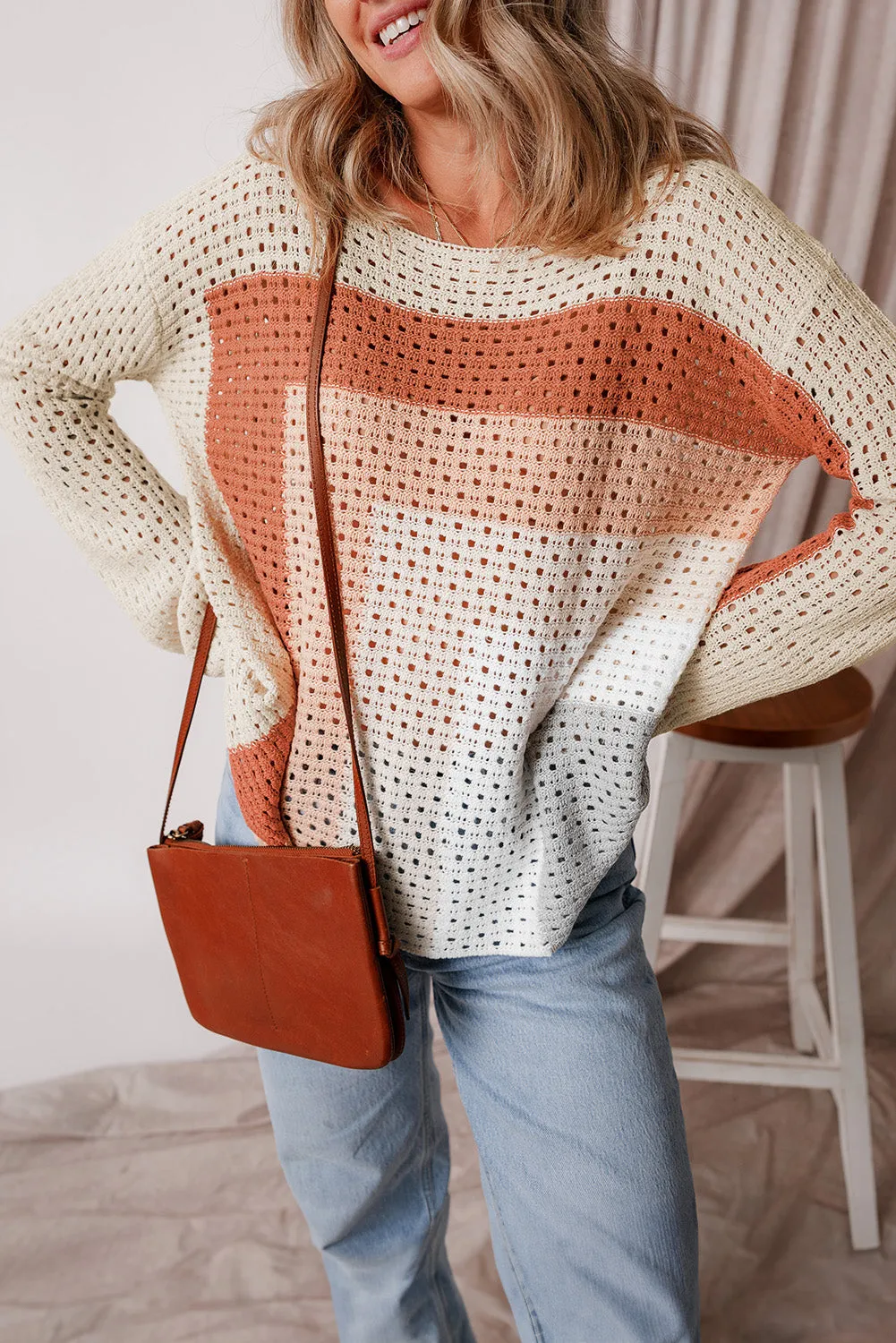 Apricot Pointelle Knit Colorblock Baggy Sweater