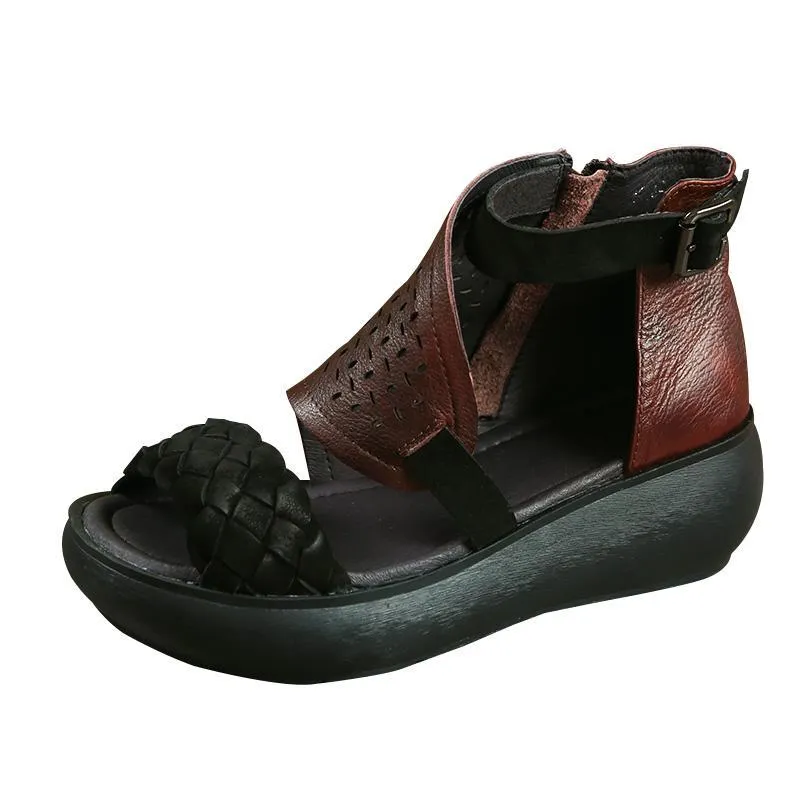 Babakud Summer Leather Platform Wedges Retro Roman Shoes