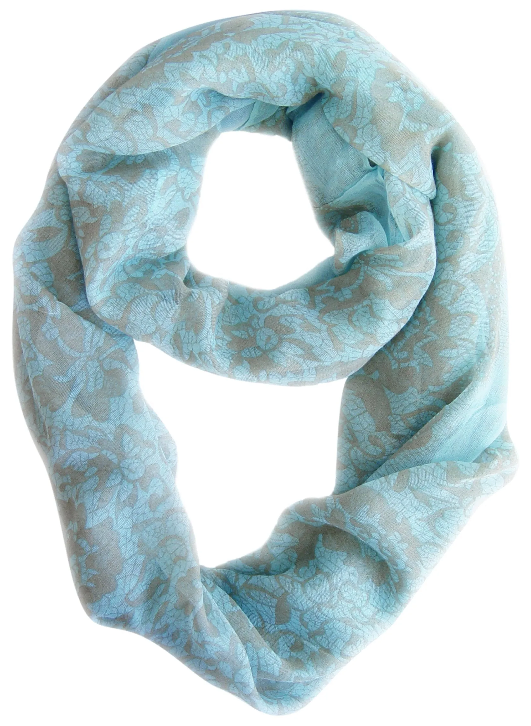 Baby Blue/Tan Beautiful Tropical Hawaiian Hibiscus Flower & Lace Design Infinity Loop Scarf