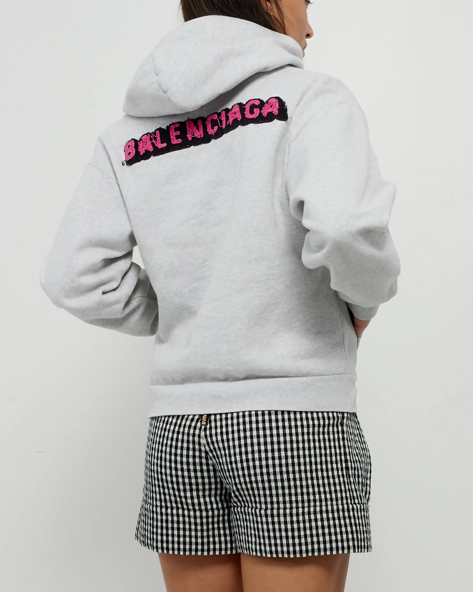 Balenciaga Grey Cotton Pink Logo Hoodie - 10Y