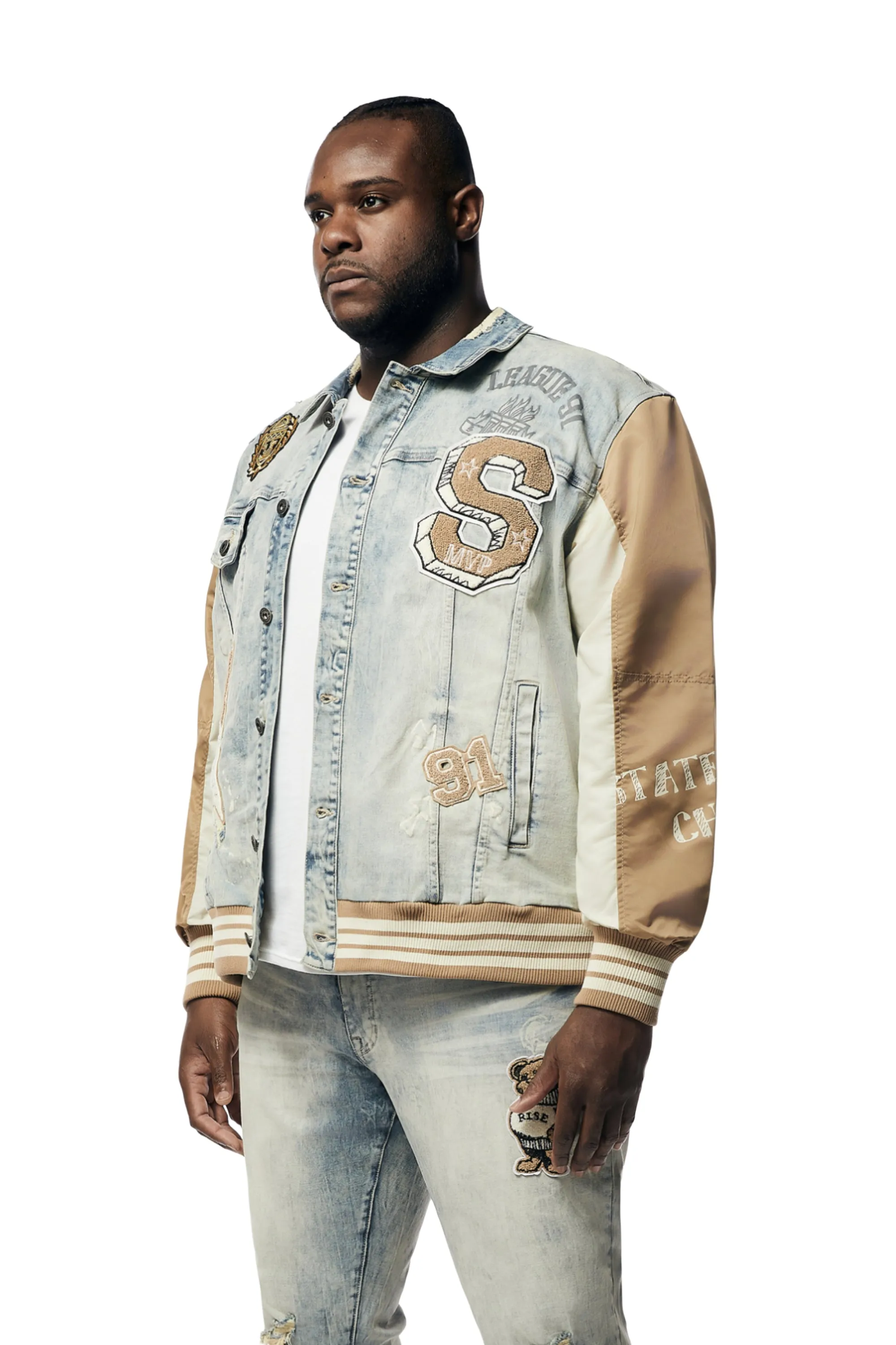 Big and Tall - Varsity Jean & Windbreaker Trucker Jacket - Beach Blue