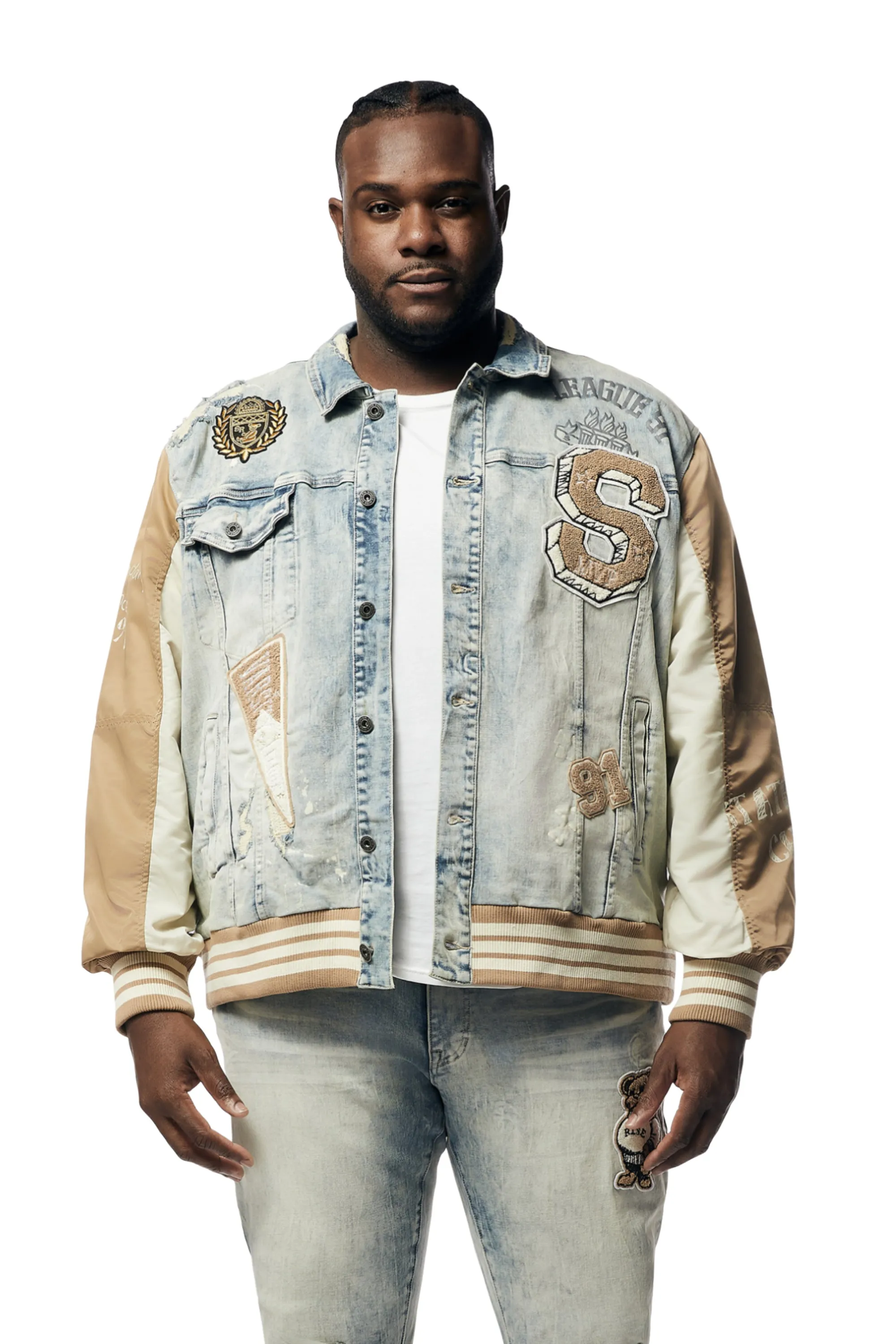 Big and Tall - Varsity Jean & Windbreaker Trucker Jacket - Beach Blue