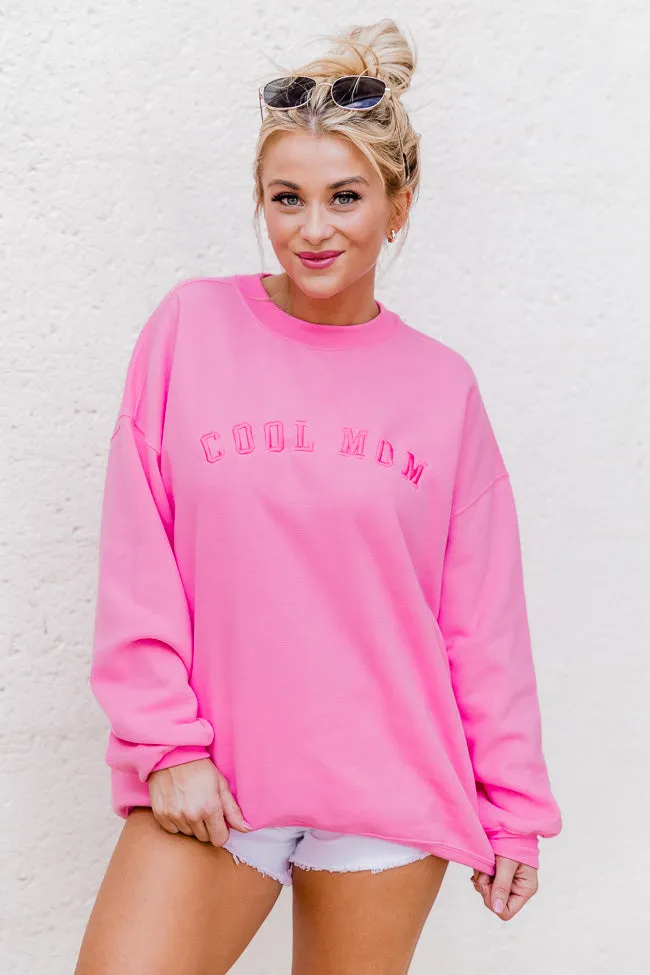 Cool Mom Embroidery Pink Oversized Graphic Sweatshirt