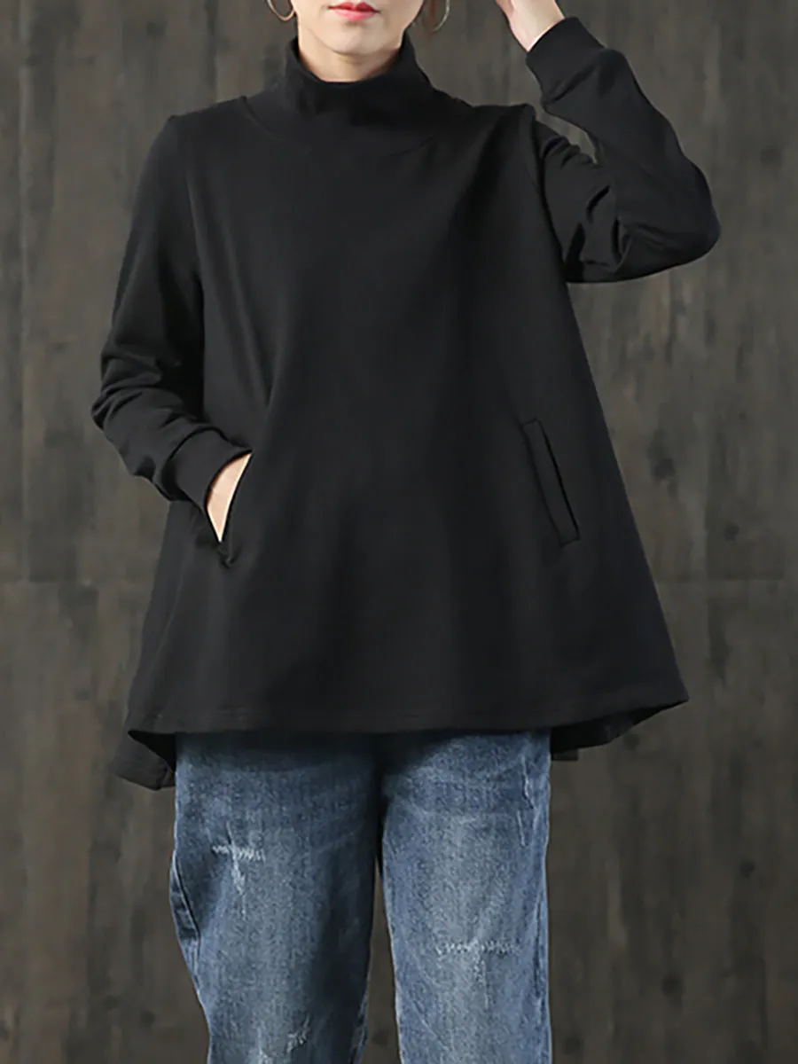 Hand-Made Turtleneck Pure Color Cotton Blouse