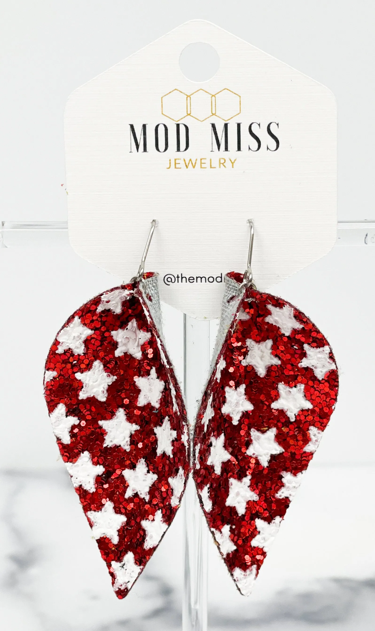 Leather Canvas Petal Earring Glitter Stars Red & White