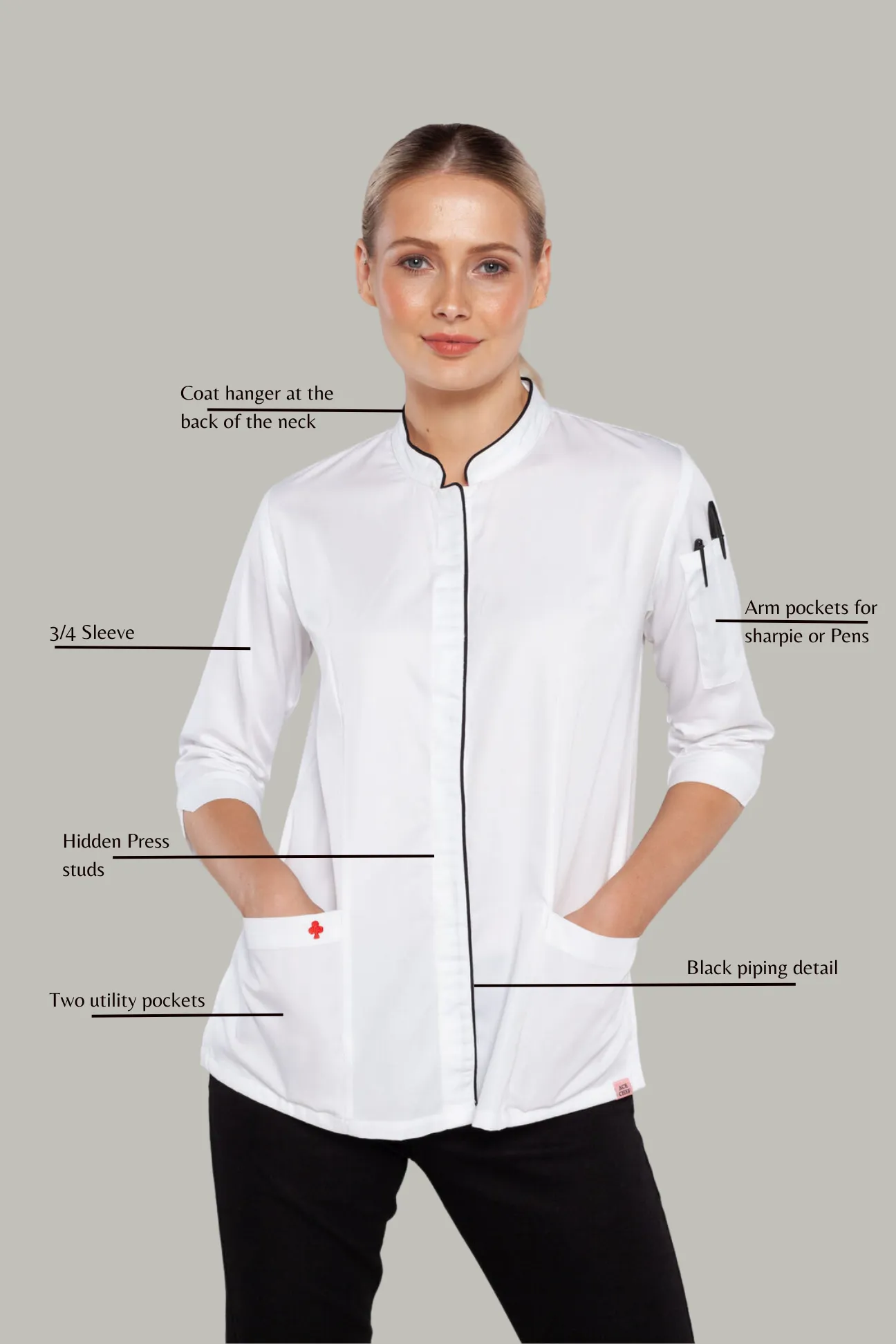 Mel 3/4 sleeves White women's chef jacket