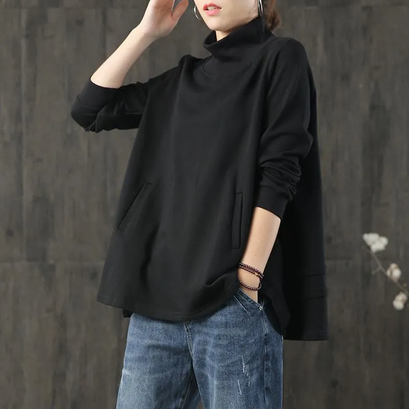 Plus Size - Buykud  Hand-Made Turtleneck Pure Color Cotton Blouse