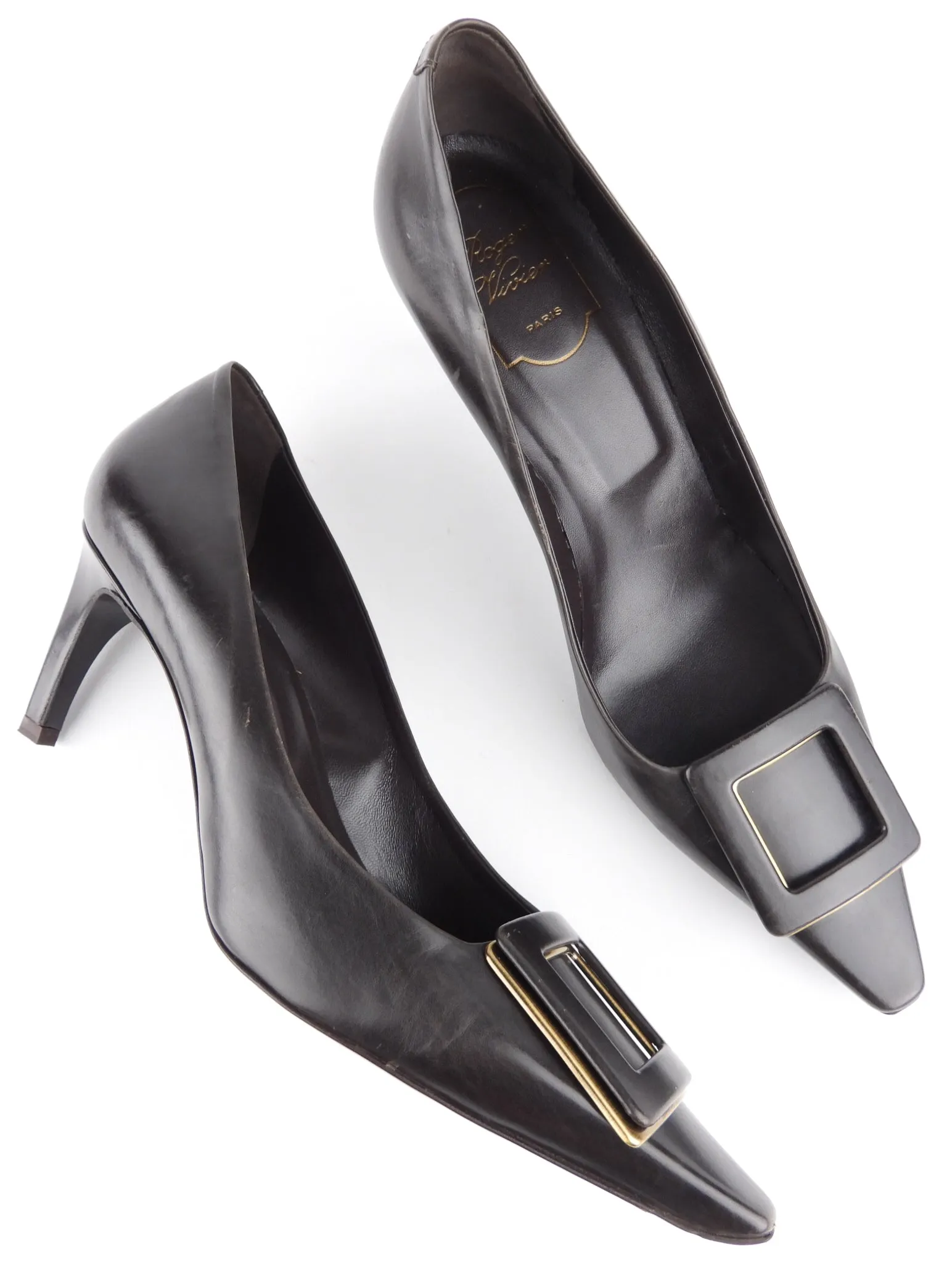 Roger Vivier Brown Leather Square Buckle Pumps - 39.5