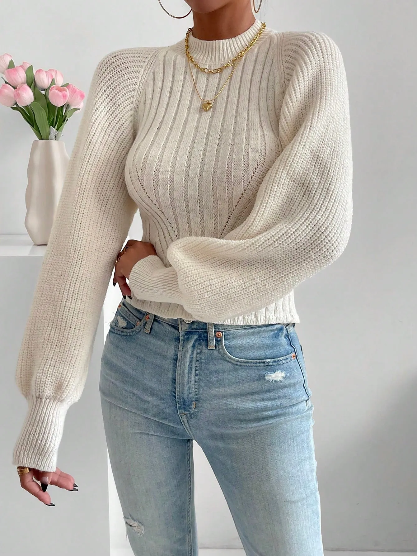 Solid Tie Backless Bishop Sleeve Sweater