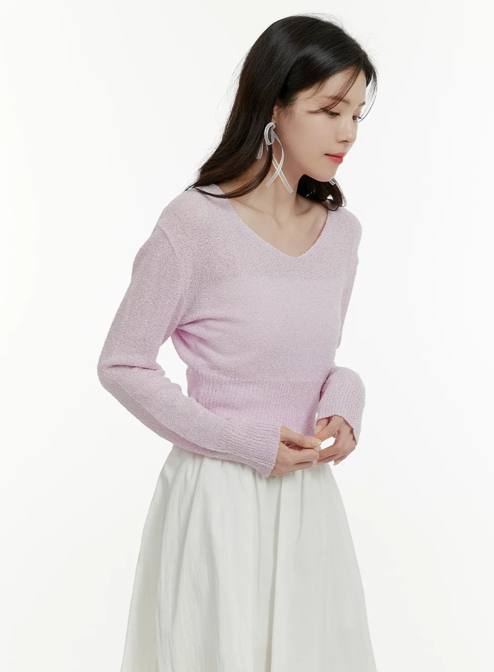 V-Neck Sheer Crop Sweater OA405